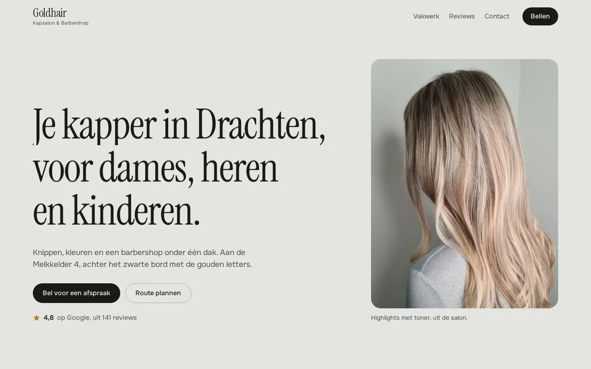Voorbeeld van richting B: lichte site met grote letters en een foto van blond haar