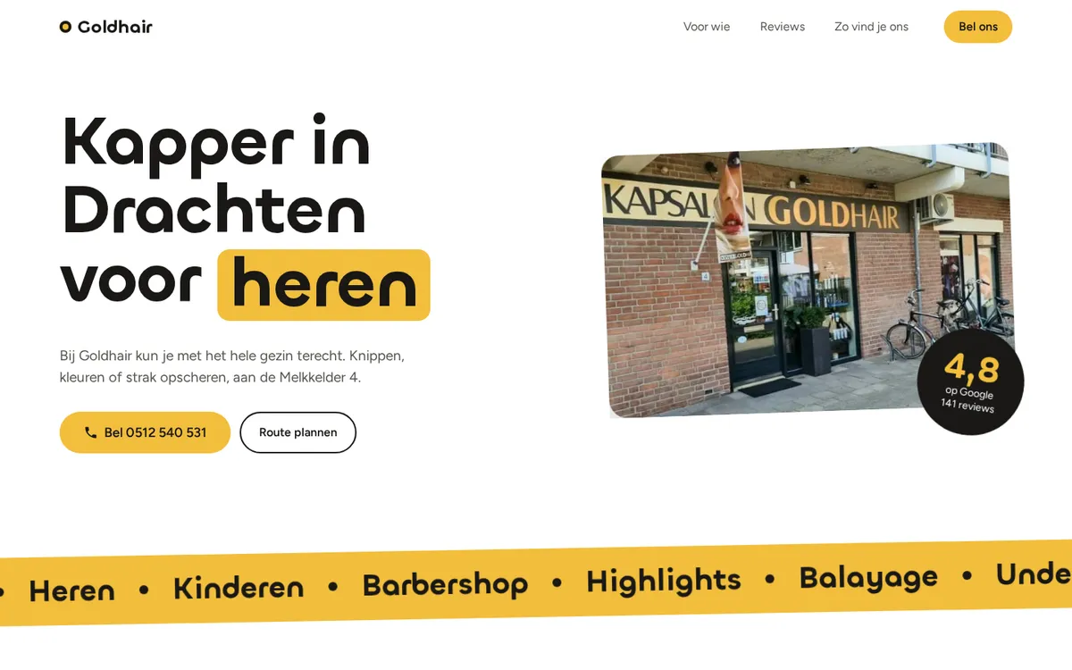 Voorbeeld van richting C: witte site met geel accent en een foto van de ingang